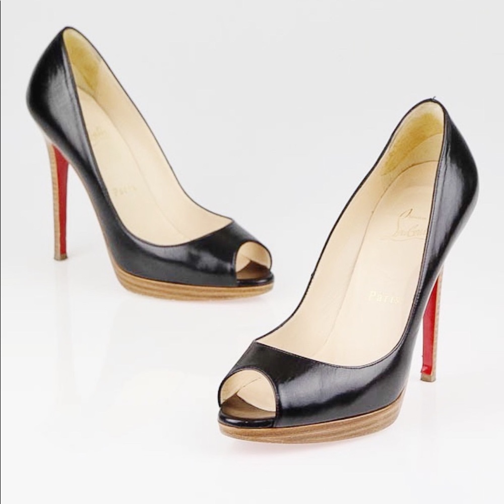 Christian Louboutin Yolanda 120 Black Leather Peep-Toe Wood Platform Pumps